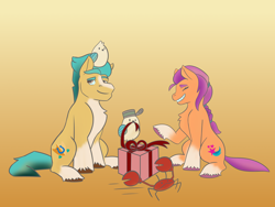 Size: 3600x2700 | Tagged: safe, artist:daotterguy, hitch trailblazer, kenneth, mcsnips-a-lot, steven, sunny starscout, bird, crab, earth pony, pony, g5, my little pony: a new generation, critter magnet, duo, female, hearth's warming, high res, male, mare, stallion