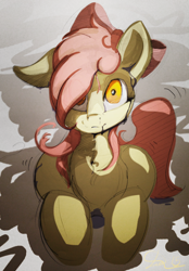 Size: 2278x3264 | Tagged: safe, artist:ruby, apple bloom, earth pony, gynoid, pony, robot, robot pony, g4, female, filly, foal, high res, looking at you, oil, solo