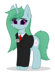 Size: 1536x2048 | Tagged: safe, artist:keupoz, oc, oc only, oc:kazumi, pony, unicorn, :i, badge, cheek fluff, chest fluff, clothes, commission, ear fluff, eyebrows, eyebrows visible through hair, eyelashes, female, full body, green mane, green tail, horn, mare, necktie, purple eyes, shadow, shirt, simple background, solo, standing, suit, tail, text, transparent background, unicorn oc