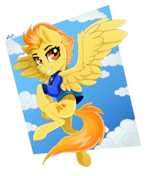 Size: 4000x4800 | Tagged: safe, artist:rainbowfire, spitfire, pegasus, pony, g4, absurd resolution, beginner artist, cheek fluff, clothes, cloud, confident, cute, ear fluff, feather, female, flying, jacket, mare, orange, orange eyes, signature, sky, smiling, solo, wings, yellow