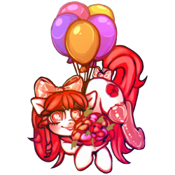 Size: 1200x1200 | Tagged: safe, artist:bunchi, oc, oc only, oc:poppy doll, earth pony, pony, 2022 community collab, derpibooru community collaboration, adorable face, balloon, blushing, bouquet, clothes, cute, flower, heart, heart eyes, looking at you, red eyes, simple background, smiling, smiling at you, socks, solo, swirly eyes, thigh highs, transparent background, wingding eyes