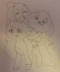 Size: 1706x2048 | Tagged: safe, artist:nina_does_art, izzy moonbow, dog, pony, shark, unicorn, g5, my little pony: a new generation, baby shark, baby shark's big show!, dogs in space, kimiko glenn, traditional art, voice actor joke