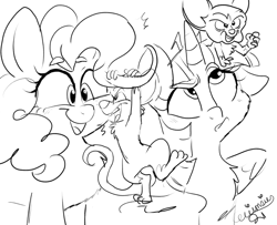 Size: 1280x1040 | Tagged: safe, artist:wimsiecal, pinkie pie, twilight sparkle, alicorn, earth pony, mouse, pony, g4, monochrome, pinky and the brain, simple background, twilight sparkle (alicorn), white background