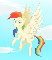 Size: 1671x1920 | Tagged: safe, artist:underwoodart, oc, oc only, oc:shooting star, pegasus, pony, flight of the valkyrie, the tale of two sisters, cloud, colored wings, eyebrow slit, eyebrows, female, flying, gradient wings, multicolored hair, pegasus oc, rainbow hair, simple background, sky, smug, solo, spread wings, wings