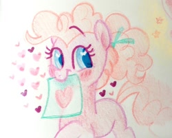 Size: 640x515 | Tagged: safe, artist:kluzart, pinkie pie, earth pony, pony, g4, heart, mouth hold, sign, solo, traditional art