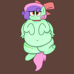 Size: 1280x1280 | Tagged: safe, anonymous artist, derpibooru exclusive, oc, oc only, oc:candy, pegasus, pony, :o, belly, belly button, brown background, fat, hungry, obese, open mouth, simple background, solo, stomach noise