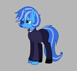 Size: 1146x1068 | Tagged: safe, artist:menalia, oc, oc only, oc:freezy coldres, pony, unicorn, clothes, female, frown, full body, gray background, horn, jacket, mare, pants, sad, shirt, shoes, show accurate, simple background, solo, standing, t-shirt, tail, two toned mane, two toned tail, unicorn oc