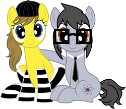 Size: 1857x1605 | Tagged: safe, artist:silver-bristle, derpibooru exclusive, oc, oc only, oc:liz (cardshark777), oc:silver bristle, earth pony, pony, 2022 community collab, derpibooru community collaboration, brown eyes, clothes, duo, earth pony oc, female, glasses, gray mane, gray tail, hat, male, mare, necktie, show accurate, simple background, sitting, smiling, socks, stallion, striped socks, transparent background