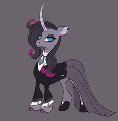 Size: 1758x1800 | Tagged: safe, artist:ravenirik, oleander (tfh), classical unicorn, pony, unicorn, them's fightin' herds, black eyeshadow, cloven hooves, community related, curved horn, eyeshadow, female, gray background, horn, leonine tail, looking at you, makeup, simple background, solo, unshorn fetlocks