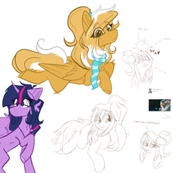 Size: 4096x4096 | Tagged: safe, artist:potato22, artist:tizhonolulu, twilight sparkle, oc, oc:mareota, oc:tiz honolulu, alicorn, pegasus, pony, unicorn, g4, aggie.io, clothes, eye clipping through hair, food, horn, horn impalement, potato, scarf, twilight sparkle (alicorn)