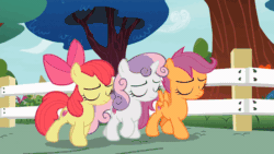 Size: 800x450 | Tagged: safe, screencap, apple bloom, cozy glow, scootaloo, sweetie belle, earth pony, pegasus, pony, unicorn, g4, marks for effort, season 8, animated, apple bloom's bow, belly, bow, celebration, check mark, cheering, collision, cozybetes, curly mane, cute, cutie mark crusaders, dust cloud, excited, excitement, eyes closed, female, fence, filly, foal, gif, hair bow, happy, lifting, open mouth, paper, ribbon, small wings, smiling, tackle, teeth, tree, walking, wings