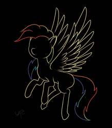Size: 1671x1920 | Tagged: safe, artist:underwoodart, derpibooru exclusive, oc, oc only, oc:shooting star, pegasus, pony, flight of the valkyrie, the tale of two sisters, black background, contrast, multicolored hair, neon, outline, outlines only, pegasus oc, rainbow hair, simple background, spread wings, wings