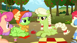 Size: 1920x1080 | Tagged: safe, screencap, apple rose, auntie applesauce, granny smith, sew 'n sow, earth pony, pony, apple family reunion, g4, season 3, apple, apple tree, braid, braided tail, eyes closed, eyeshadow, female, frown, lidded eyes, looking at someone, lying down, makeup, mare, open mouth, outdoors, pincushion, prone, scissors, sewing needle, smiling, tail, thread, tree, young, young apple rose, young auntie applesauce, young granny smith, young sew 'n sow, younger