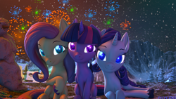 Size: 3840x2160 | Tagged: safe, artist:sylthena, fluttershy, rarity, twilight sparkle, alicorn, pegasus, pony, unicorn, g4, 3d, 4k, cozy, cute, fireplace, fireworks, glowing, glowing eyes, grass, happy new year, high res, holiday, horn, looking at you, mountain, nature, new years eve, snow, snowman, source filmmaker, tree, trio, twilight sparkle (alicorn), wings
