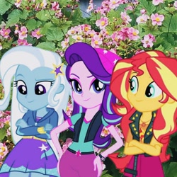 Size: 640x640 | Tagged: safe, artist:suntrixglim, starlight glimmer, sunset shimmer, trixie, equestria girls, g4, belt, clothes, cutie mark on clothes, female, flower, geode of empathy, irl, lesbian, magical geodes, photo, polyamory, shipping, startrixset