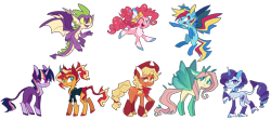 Size: 1800x800 | Tagged: safe, artist:s-grunge, applejack, fluttershy, pinkie pie, rainbow dash, rarity, spike, sunset shimmer, twilight sparkle, dragon, earth pony, flutter pony, pegasus, pony, unicorn, g4, alternate design, alternate hairstyle, alternate mane seven, alternate mane six, applejack's hat, bow, butterfly wings, chest fluff, clothes, coat markings, cowboy hat, ear fluff, eyebrows, eyebrows visible through hair, eyes closed, female, flying, freckles, hat, kneesocks, lidded eyes, looking at you, male, mane seven, mane six, missing cutie mark, one eye closed, redesign, simple background, socks, socks (coat markings), spread wings, transparent background, winged spike, wings
