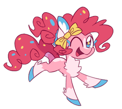 Size: 380x340 | Tagged: safe, artist:s-grunge, part of a set, pinkie pie, earth pony, pony, g4, bow, chest fluff, coat markings, female, mare, one eye closed, open mouth, open smile, redesign, simple background, smiling, socks (coat markings), solo, transparent background