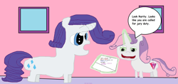 Size: 3372x1588 | Tagged: safe, artist:coltfan97, rarity, sweetie belle, pony, unicorn, g4, 1000 hours in ms paint, comic sans, jury duty, magic, magic aura, note, shocked, shocked expression, wingdings