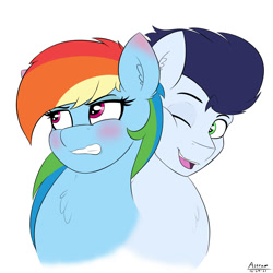 Size: 2000x2000 | Tagged: safe, artist:astrum, part of a set, rainbow dash, soarin', pegasus, pony, g4, affection, blushing, bust, cheek squish, chest fluff, cuddling, digital art, duo, ear blush, embarrassed, female, frown, high res, lidded eyes, looking up, male, mare, nuzzling, one eye closed, open mouth, open smile, ship:soarindash, shipping, signature, simple background, smiling, squishy cheeks, stallion, straight, teeth, tsunderainbow, tsundere, white background