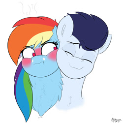Size: 2000x2000 | Tagged: safe, artist:astrum, part of a set, rainbow dash, soarin', pegasus, pony, g4, affection, annoyed, blushing, blushing profusely, bust, cheek squish, chest fluff, cuddling, digital art, ear blush, embarrassed, eyes closed, female, floppy ears, fluffy, glare, high res, huff, looking sideways, male, nuzzling, ship:soarindash, shipping, simple background, smiling, squishy cheeks, straight, tsunderainbow, tsundere, wingding eyes