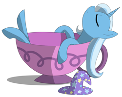 Size: 1868x1488 | Tagged: safe, artist:enteryourponyname, trixie, pony, unicorn, g4, clothes, cup, cup of pony, cute, diatrixes, female, hat, hatless, mare, micro, missing accessory, resting, simple background, sleeping, solo, teacup, that pony sure does love teacups, trixie's hat, white background