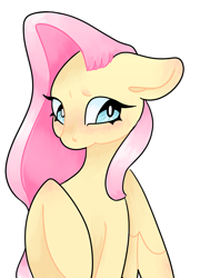 Size: 1280x1773 | Tagged: safe, artist:3y3candy204, fluttershy, pegasus, pony, g4, aside glance, blushing, bust, female, floppy ears, looking at you, mare, raised hoof, simple background, solo, white background, wings