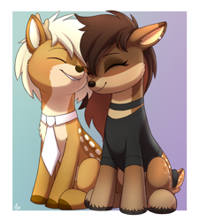 Size: 1800x2000 | Tagged: safe, artist:luminousdazzle, oc, oc only, oc:deeraw, oc:elmwood, deer, clothes, cute, digital art, doe, duo, eyes closed, female, grin, love, male, shipping, simple background, sitting, smiling, snuggling