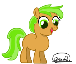 Size: 883x752 | Tagged: safe, artist:daudattano, oc, oc only, earth pony, pony, earth pony oc, female, filly, foal, full body, green eyes, open mouth, open smile, signature, simple background, smiling, solo, standing, tail, two toned mane, two toned tail, white background