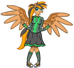 Size: 930x861 | Tagged: safe, artist:daudattano, oc, oc only, pegasus, anthro, blouse, clothes, open mouth, outfit, simple background, skirt, solo, spread wings, white background, wings