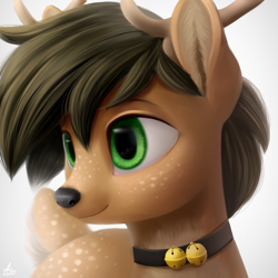 Size: 1000x1000 | Tagged: safe, artist:luminousdazzle, oc, oc only, oc:wandeer, deer, antlers, bell, bell collar, bust, collar, detailed, digital art, freckles, green eyes, portrait, semi-realistic, simple background, smiling, solo