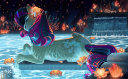 Size: 5100x3176 | Tagged: safe, artist:turnipberry, bonna fide, glamour gleam, crystal pony, pony, g4, commission, commissioner:reversalmushroom, eyes closed, flower, flower in hair, water