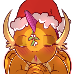 Size: 1159x1159 | Tagged: safe, artist:cold-blooded-twilight, smolder, dragon, g4, blushing, christmas, clasped hands, dragoness, eyes closed, female, folded wings, hat, holiday, kissy face, looking at you, mistletoe, santa hat, simple background, solo, transparent background, wide hips, wings