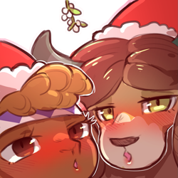 Size: 1159x1159 | Tagged: safe, artist:cold-blooded-twilight, little strongheart, yona, bison, buffalo, yak, g4, asking for it, bedroom eyes, blush lines, blushing, bovine, christmas, close-up, duo, hat, holiday, horny, kissy face, looking at you, mistletoe, santa hat, simple background, transparent background