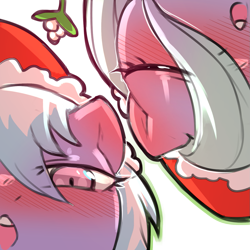 Size: 1159x1159 | Tagged: safe, artist:cold-blooded-twilight, cloudchaser, flitter, pegasus, pony, g4, blushing, christmas, duo, eyes closed, hat, holiday, kissy face, lidded eyes, mistletoe, santa hat, siblings, simple background, transparent background, twins