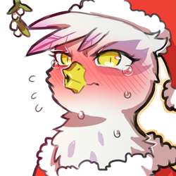 Size: 1159x1159 | Tagged: safe, artist:cold-blooded-twilight, gilda, griffon, g4, blushing, christmas, clothes, costume, embarrassed, frown, hat, holiday, kissy face, mistletoe, santa costume, santa hat, simple background, slit pupils, solo, sweat, teary eyes, transparent background, tsundere