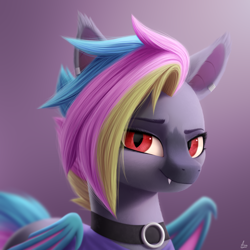 Size: 2000x2000 | Tagged: safe, artist:luminousdazzle, oc, oc only, oc:black opal, bat pony, pony, bat pony oc, bat wings, bust, choker, detailed, digital art, ear piercing, facial markings, fangs, female, fur, high res, looking at you, mare, piercing, red eyes, simple background, slit pupils, smiling, smirk, solo, wings