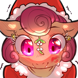 Size: 1159x1159 | Tagged: safe, artist:cold-blooded-twilight, posey shy, pegasus, pony, g4, blushing, cheek kiss, christmas, clothes, costume, ear piercing, earring, female, floppy ears, glowing, glowing eyes, hat, heart, holiday, jewelry, kiss mark, kissing, lipstick, looking at you, mare, missing accessory, mistletoe, no glasses, piercing, santa costume, santa hat, shivering, shy, simple background, solo, transparent background