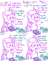 Size: 4779x6013 | Tagged: safe, artist:adorkabletwilightandfriends, twilight sparkle, alicorn, pony, comic:adorkable twilight and friends, g4, adorkable, adorkable twilight, box, cash register, christmas, clothes, comic, conversation, cute, dork, female, glowing, glowing horn, happy, hearth's warming, holiday, horn, humor, levitation, magic, magic aura, mare, offscreen character, present, slice of life, socks, store, telekinesis, twilight sparkle (alicorn), twilight sparkle is not amused, unamused, unhappy