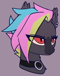 Size: 1460x1850 | Tagged: safe, artist:luminousdazzle, oc, oc:black opal, bat pony, pony, bust, choker, doodle, ear fluff, ear piercing, facial markings, female, mare, piercing, portrait, red eyes, slit pupils, solo, unamused