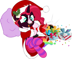 Size: 6162x5000 | Tagged: safe, artist:jhayarr23, oc, oc only, oc:painted lilly, pony, unicorn, bag, cannon, christmas, clothes, coat, commission, confetti, costume, ear piercing, earring, hat, holiday, jewelry, markings, mistleholly, nonbinary, nose piercing, nose ring, open mouth, open smile, piercing, present, santa costume, santa hat, simple background, smiling, socks, solo, striped socks, transparent background, ych result