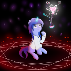 Size: 3000x3000 | Tagged: safe, artist:melody joy, oc, oc:simetra, pony, unicorn, abstract background, bandage, clothes, female, high res, looking up, love potion, magic, pentagram, potion, potion making, red eyes, robe, solo
