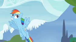 Size: 854x480 | Tagged: safe, screencap, rainbow dash, pegasus, pony, g4, my little pony: friendship is magic, season 4, testing testing 1-2-3, female, flying, gritted teeth, mare, mountain, outdoors, solo, spread wings, wings