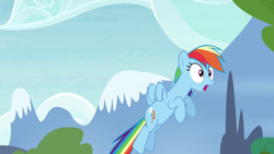 Size: 1280x720 | Tagged: safe, screencap, rainbow dash, pegasus, pony, g4, my little pony: friendship is magic, season 4, testing testing 1-2-3, d:, female, flying, mare, mountain, open mouth, outdoors, solo, wings