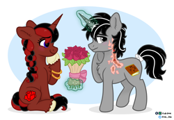 Size: 1460x1009 | Tagged: safe, artist:pink-pone, oc, oc only, pony, unicorn, bouquet, female, flower, magic, male, mare, scar, stallion