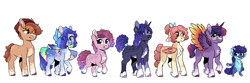 Size: 6177x2048 | Tagged: safe, artist:moccabliss, applejack, fluttershy, pinkie pie, rainbow dash, rarity, spike, twilight sparkle, alicorn, dragon, earth pony, pegasus, pony, unicorn, g4, alternate design, eye clipping through hair, eyebrows, eyebrows visible through hair, female, frown, glasses, grin, high res, looking at you, mane seven, mane six, mare, scar, simple background, smiling, smiling at you, spread wings, transgender, twilight sparkle (alicorn), white background, wings