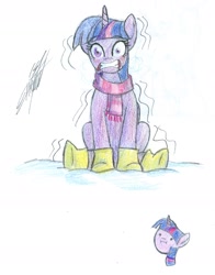 Size: 1861x2378 | Tagged: safe, artist:nightshadow154, twilight sparkle, pony, g4, boots, clothes, cold, scarf, shoes, snow, solo, traditional art
