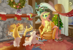 Size: 1280x873 | Tagged: safe, artist:colorbrush, discord, fluttershy, twilight sparkle, draconequus, pegasus, pony, g4, blushing, chair, chest fluff, christmas, christmas decoration, christmas tree, christmas wreath, cute, discute, duo, ear fluff, female, fireplace, fluffy, folded wings, happy new year, heart, holiday, indoors, lamp, looking at someone, looking at something, looking up, lying down, male, mare, mistleholly, new year, on back, prehensile tail, raised hoof, shelf, ship:discoshy, shipping, sitting, smiling, straight, tail, tail hold, tree, wings, wreath