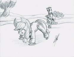 Size: 3289x2545 | Tagged: safe, artist:nightshadow154, applejack, pinkie pie, earth pony, pony, g4, high res, ice skating, traditional art