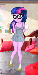 Size: 739x1471 | Tagged: safe, artist:charliexe, sci-twi, twilight sparkle, equestria girls, g4, adorasexy, bare shoulders, bed, breasts, clothes, cute, female, glasses, grin, lamp, looking at you, mug, nightgown, pajamas, pillow, sexy, sleeveless, slippers, smiling, smiling at you, socks, solo