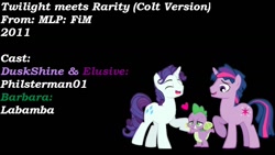 Size: 1280x720 | Tagged: safe, artist:philsterman, rarity, spike, twilight sparkle, dragon, pony, unicorn, friendship is magic, g4, barb, black background, dragoness, dusk shine, elusive, eyes closed, female, genderbent reenactment, grin, heart, male, meeting, my little colt, open mouth, open smile, raised hoof, reenactment, rule 63, simple background, smiling, stallion, trio, youtube, youtube link, youtuber